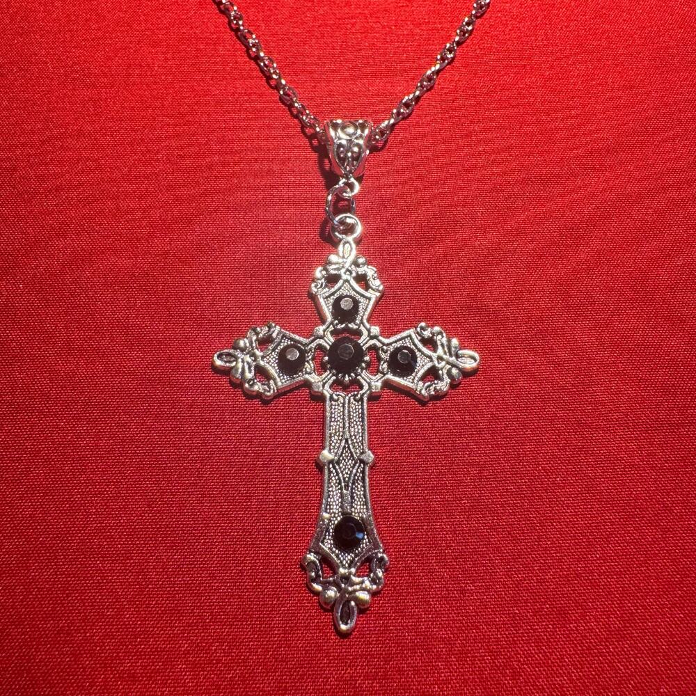 Silver Cross Necklace with Black Gem Accent
